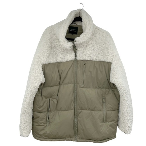 Avec Les Filles Mixed Media Faux Shearling Puffer Coat L Colorblock Sage Green